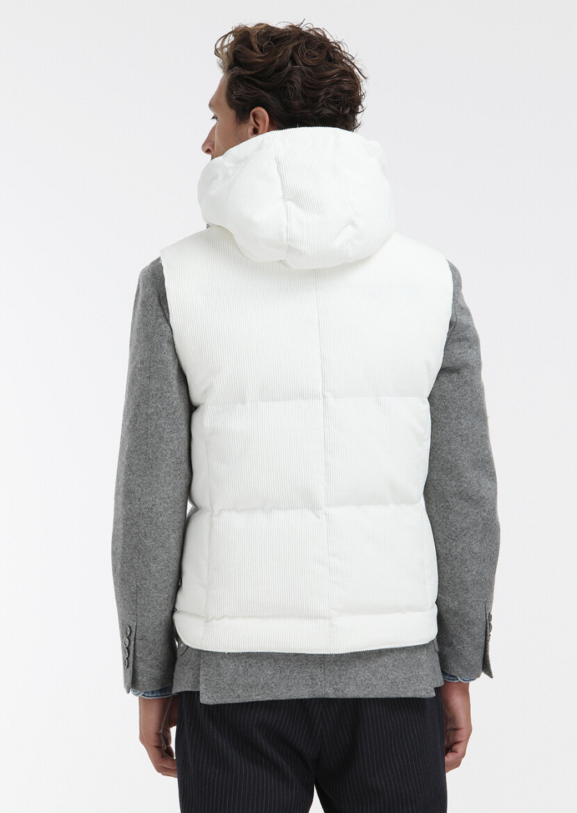 Beyaz Regular Fit Kapüşonlu Casual Dokuma Spor Yelek - 5