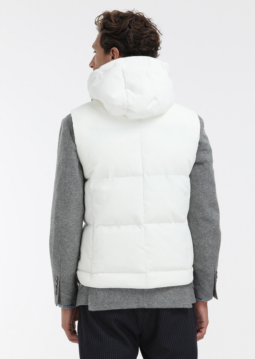 Beyaz Regular Fit Kapüşonlu Casual Dokuma Spor Yelek - 5