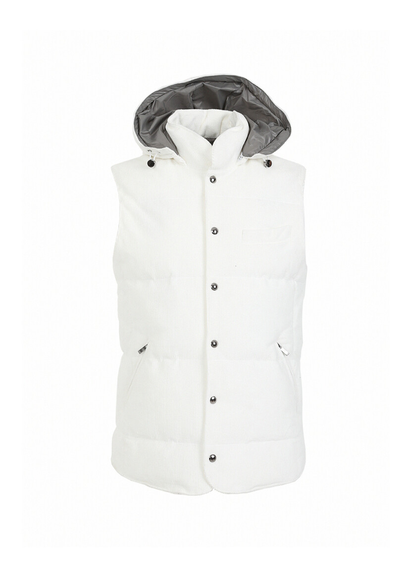 Beyaz Regular Fit Kapüşonlu Casual Dokuma Spor Yelek - 6