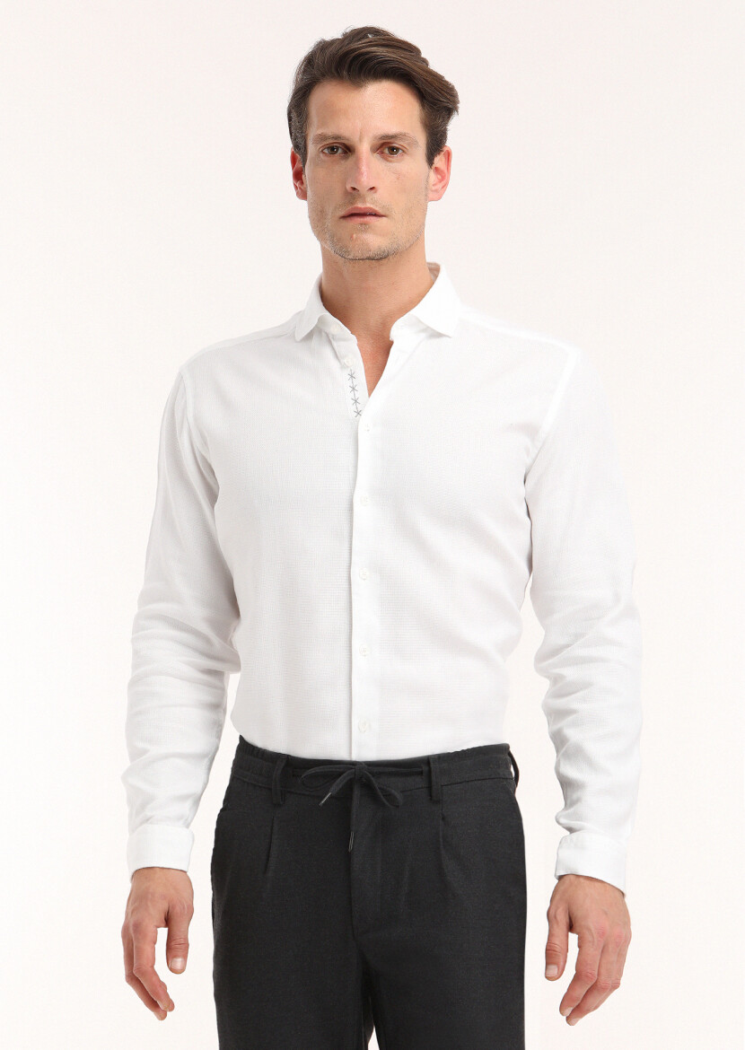 Beyaz Regular Fit Uzun Dokuma Casual %100 Pamuk Gömlek - 2
