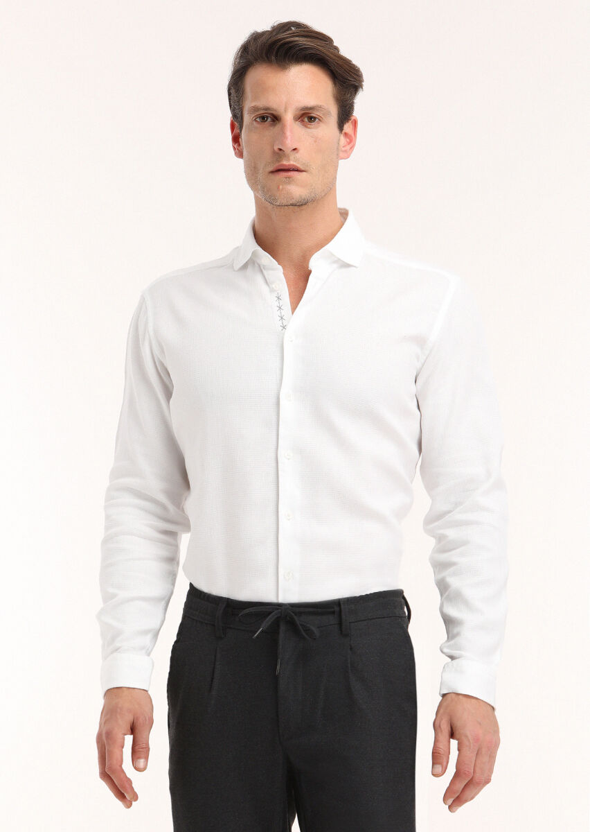 Beyaz Regular Fit Uzun Dokuma Casual %100 Pamuk Gömlek - 2