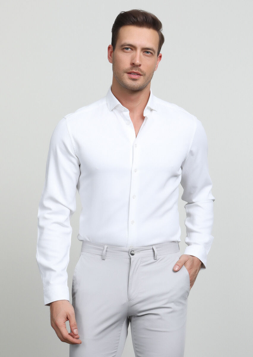 Beyaz Regular Fit Uzun Dokuma Casual Pamuk Karışımlı Gömlek - 1