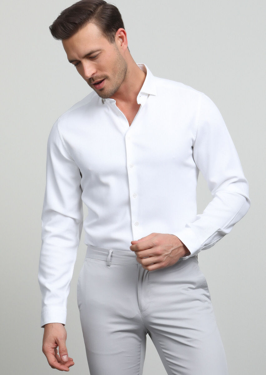 Beyaz Regular Fit Uzun Dokuma Casual Pamuk Karışımlı Gömlek - 3