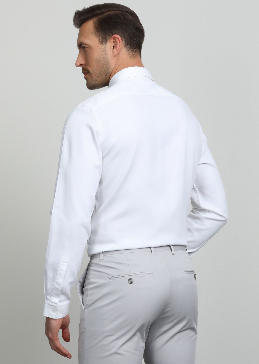 Beyaz Regular Fit Uzun Dokuma Casual Pamuk Karışımlı Gömlek - 4