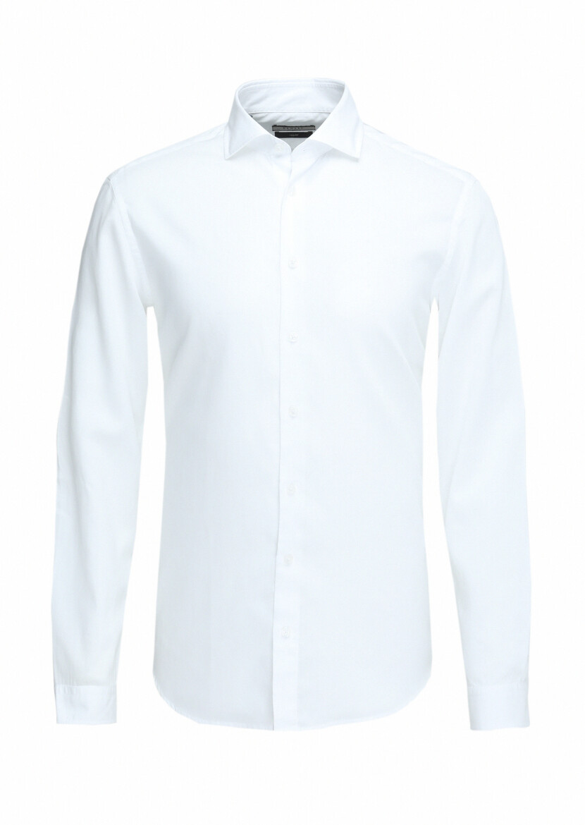 Beyaz Regular Fit Uzun Dokuma Casual Pamuk Karışımlı Gömlek - 1