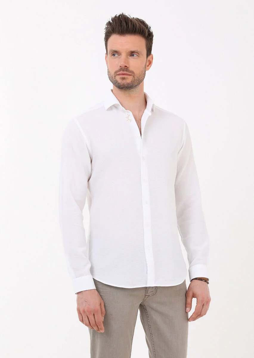 Beyaz Slim Fit Dokuma Casual %100 Pamuk Gömlek - 3