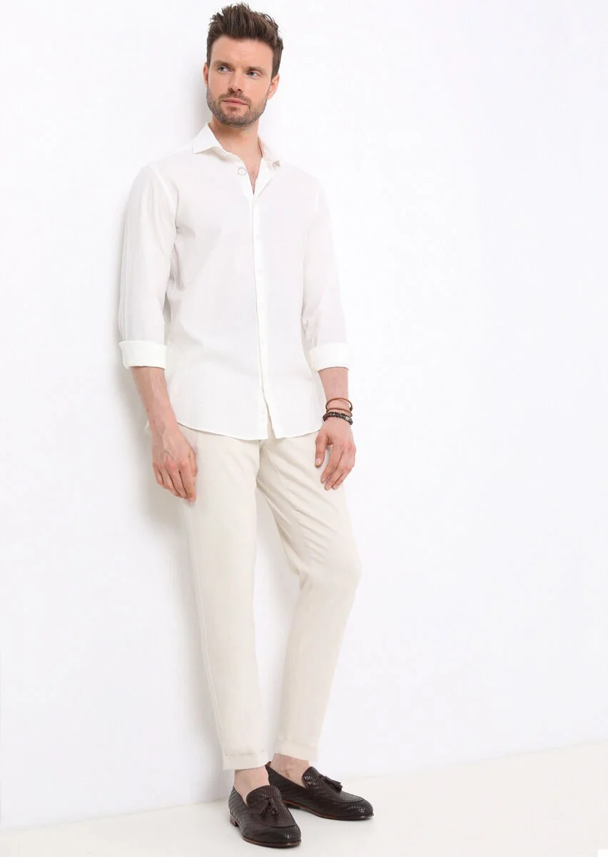 Beyaz Slim Fit Dokuma Casual Pamuk Karışımlı Gömlek - 2