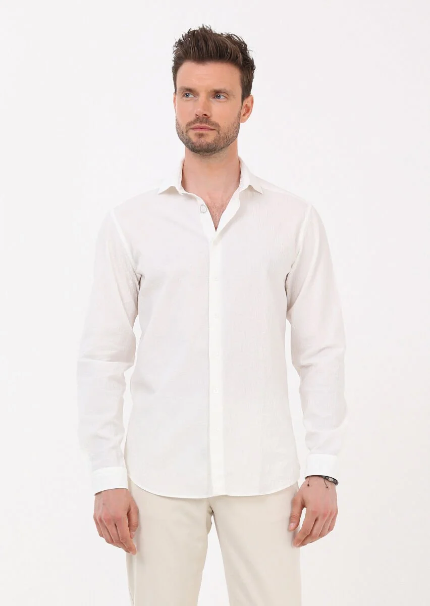 Beyaz Slim Fit Dokuma Casual Pamuk Karışımlı Gömlek - 3