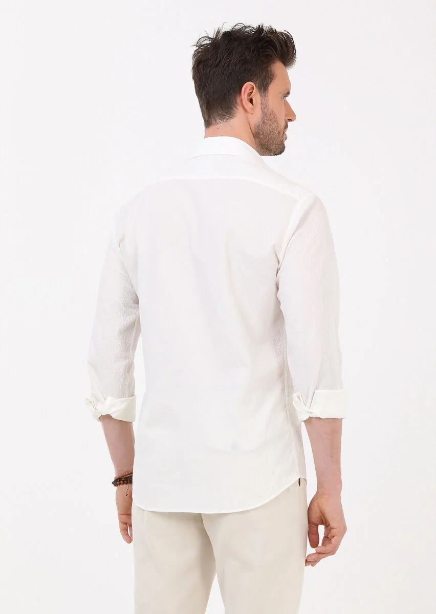 Beyaz Slim Fit Dokuma Casual Pamuk Karışımlı Gömlek - 5