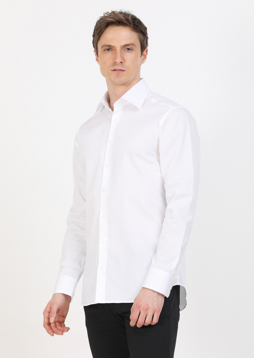 Beyaz Slim Fit Dokuma Klasik %100 Pamuk Gömlek - 4