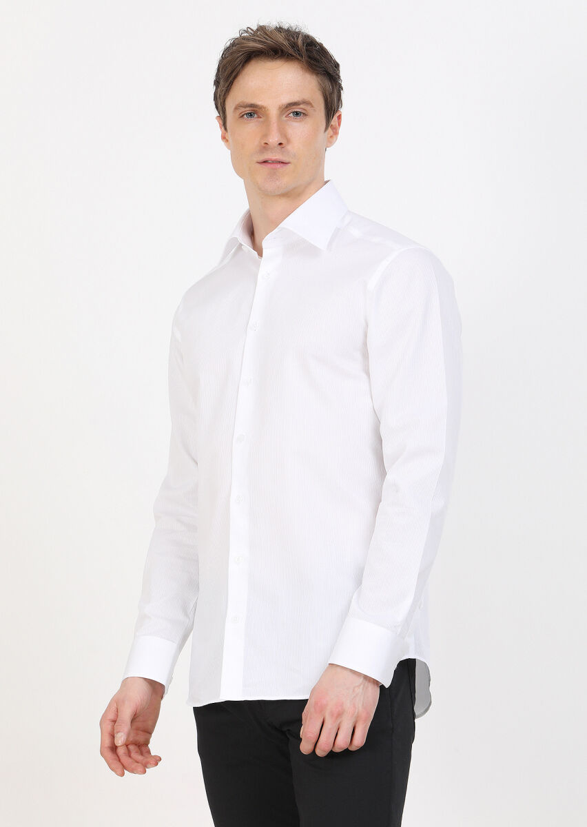 Beyaz Slim Fit Dokuma Klasik %100 Pamuk Gömlek - 4