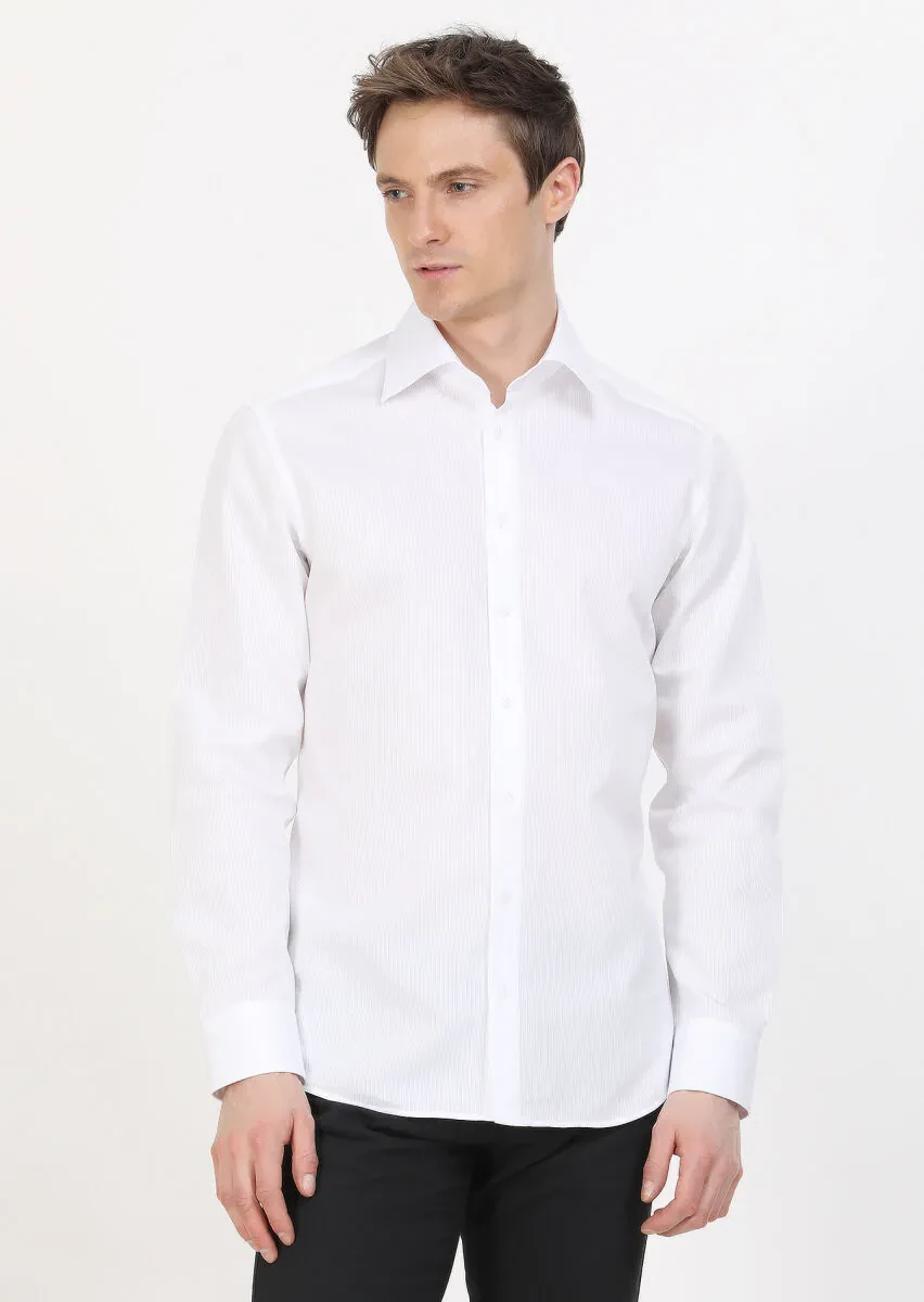 Beyaz Slim Fit Dokuma Klasik %100 Pamuk Gömlek - 1