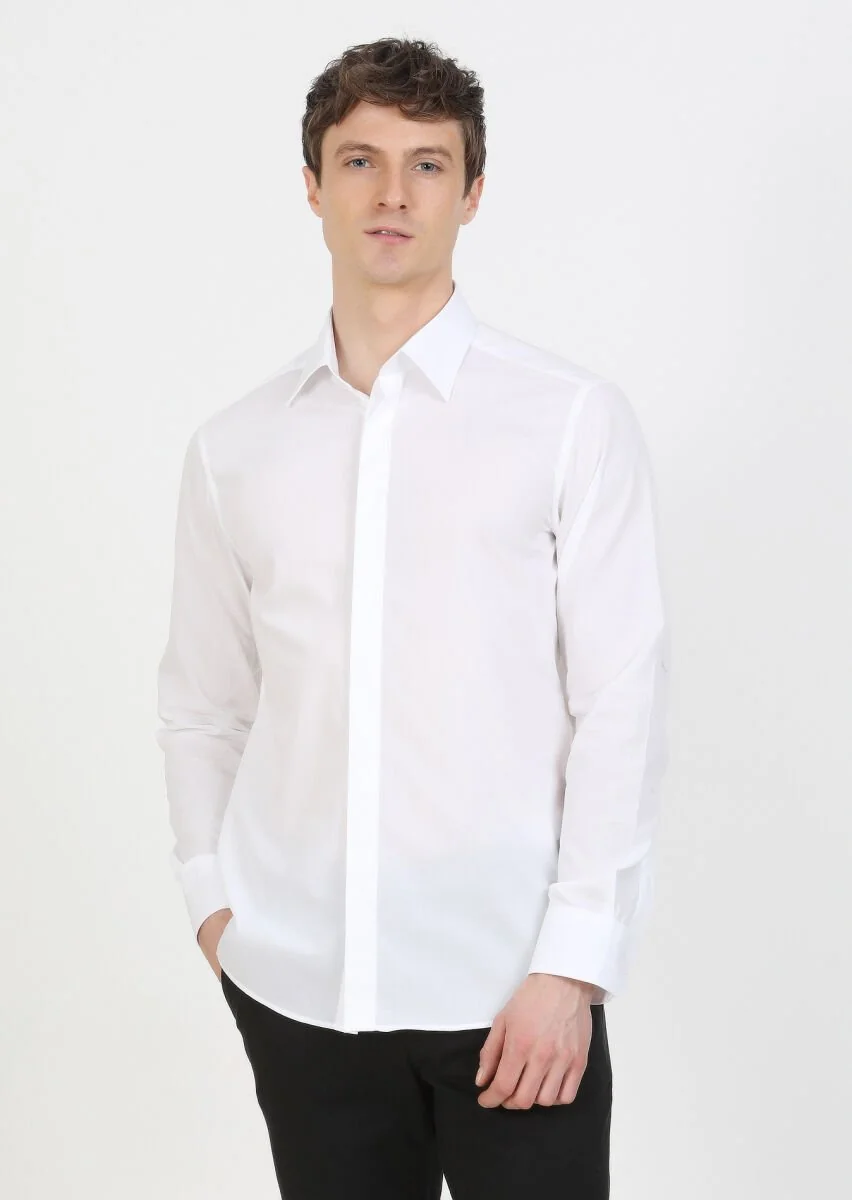 Beyaz Slim Fit Dokuma Klasik %100 Pamuk Gömlek - 2