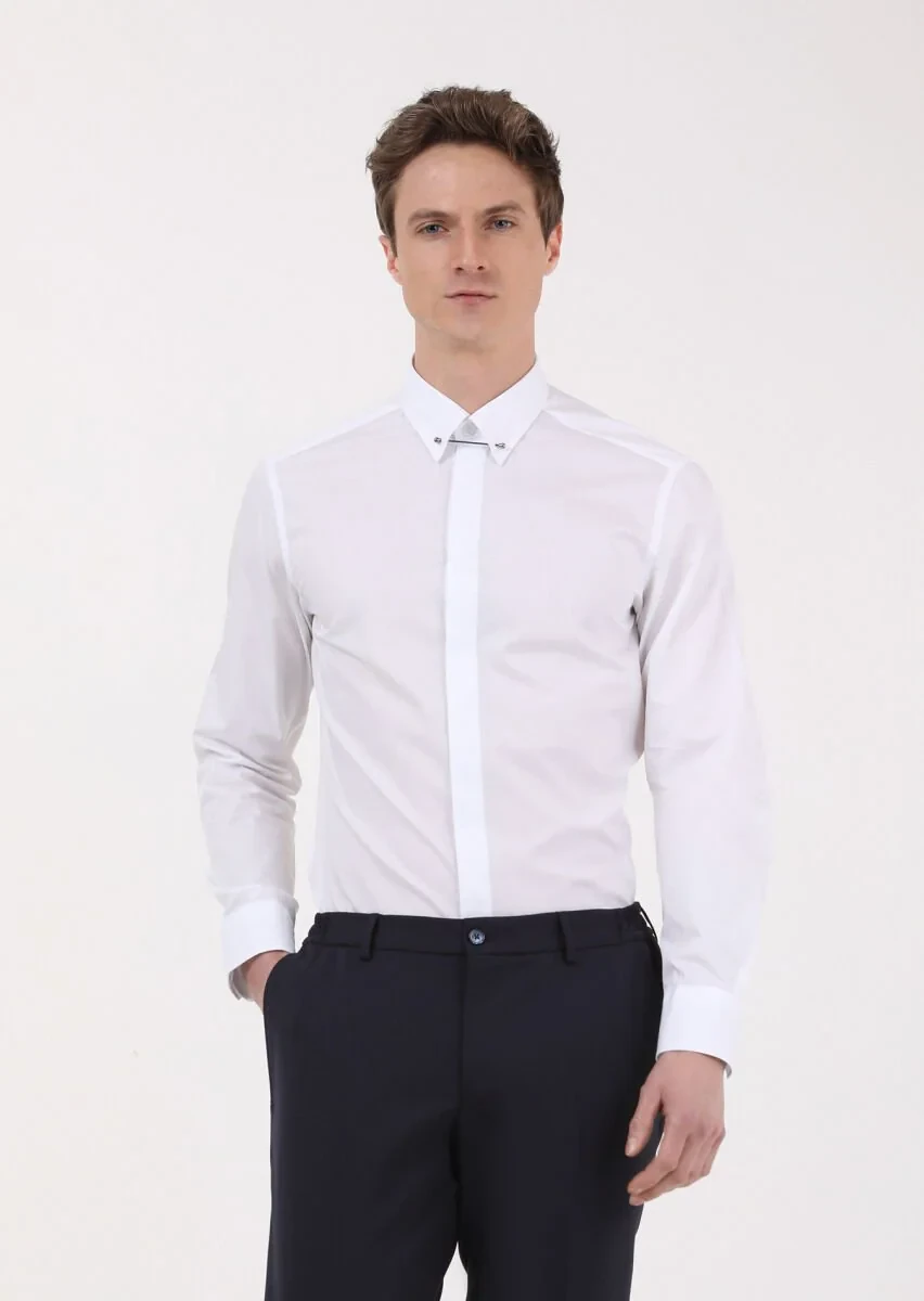 Beyaz Slim Fit Dokuma Klasik %100 Pamuk Gömlek - 1