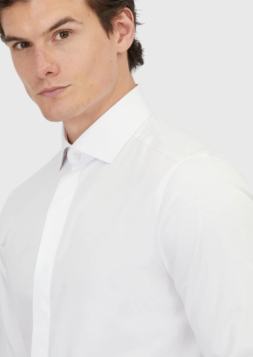 Beyaz Slim Fit Dokuma Klasik %100 Pamuk Gömlek - 4