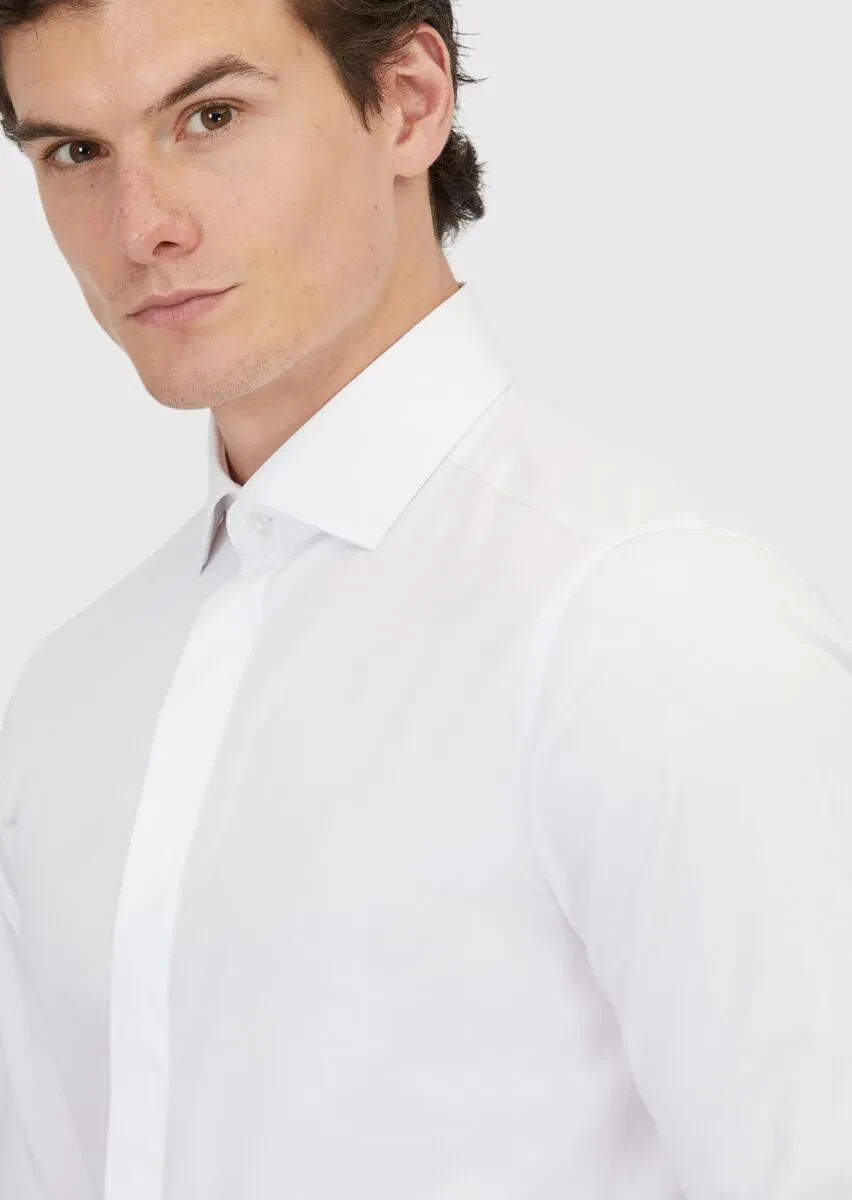 Beyaz Slim Fit Dokuma Klasik %100 Pamuk Gömlek - 4