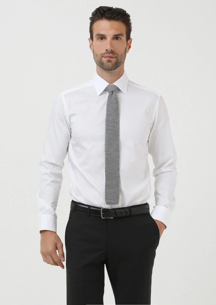 Beyaz Slim Fit Dokuma Klasik Pamuk Karışımlı Gömlek - 1