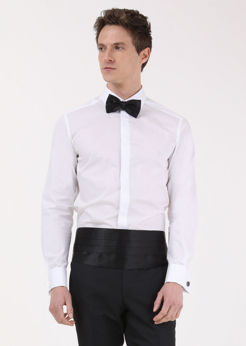 RAMSEY Beyaz Slim Fit Duble Manşet Sivri Yaka Smokin Gömlek