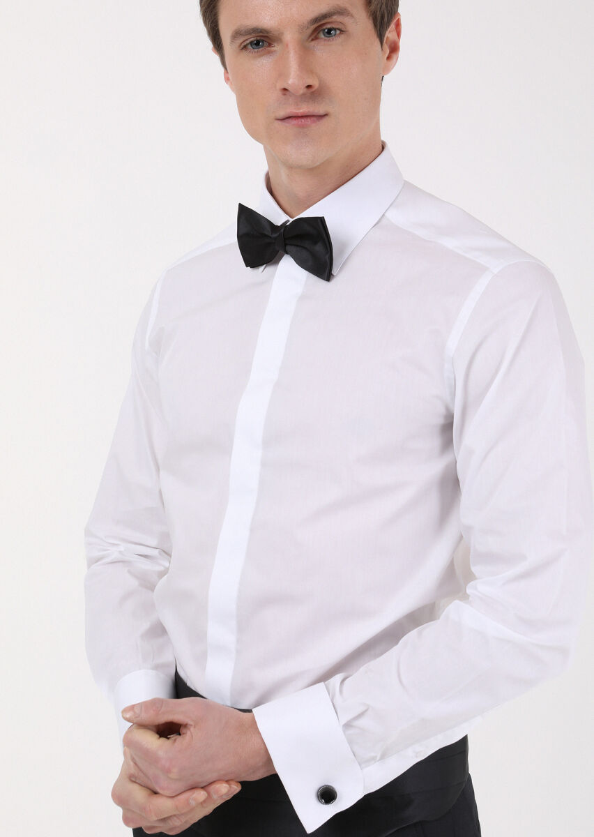 RAMSEY Beyaz Slim Fit Duble Manşet Sivri Yaka Smokin Gömlek görsel 3