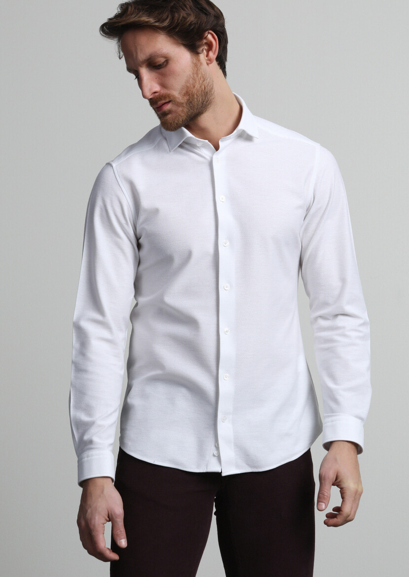 Beyaz Slim Fit Uzun Casual %100 Pamuk Gömlek - 3