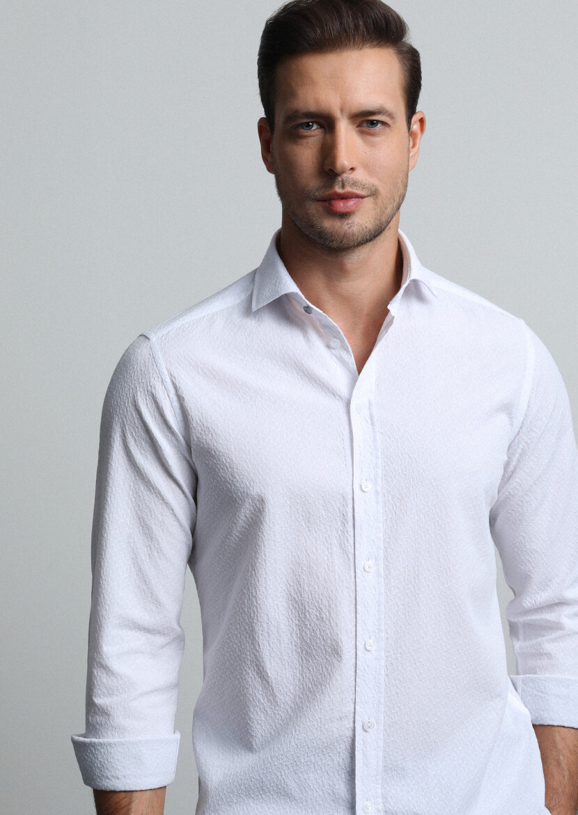 Beyaz Slim Fit Uzun Dokuma Casual %100 Pamuk Gömlek - 4