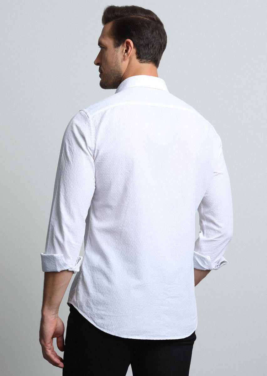 Beyaz Slim Fit Uzun Dokuma Casual %100 Pamuk Gömlek - 5
