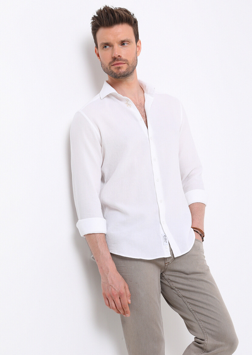 Beyaz Slim Fit Uzun Dokuma Casual %100 Pamuk Gömlek - 1