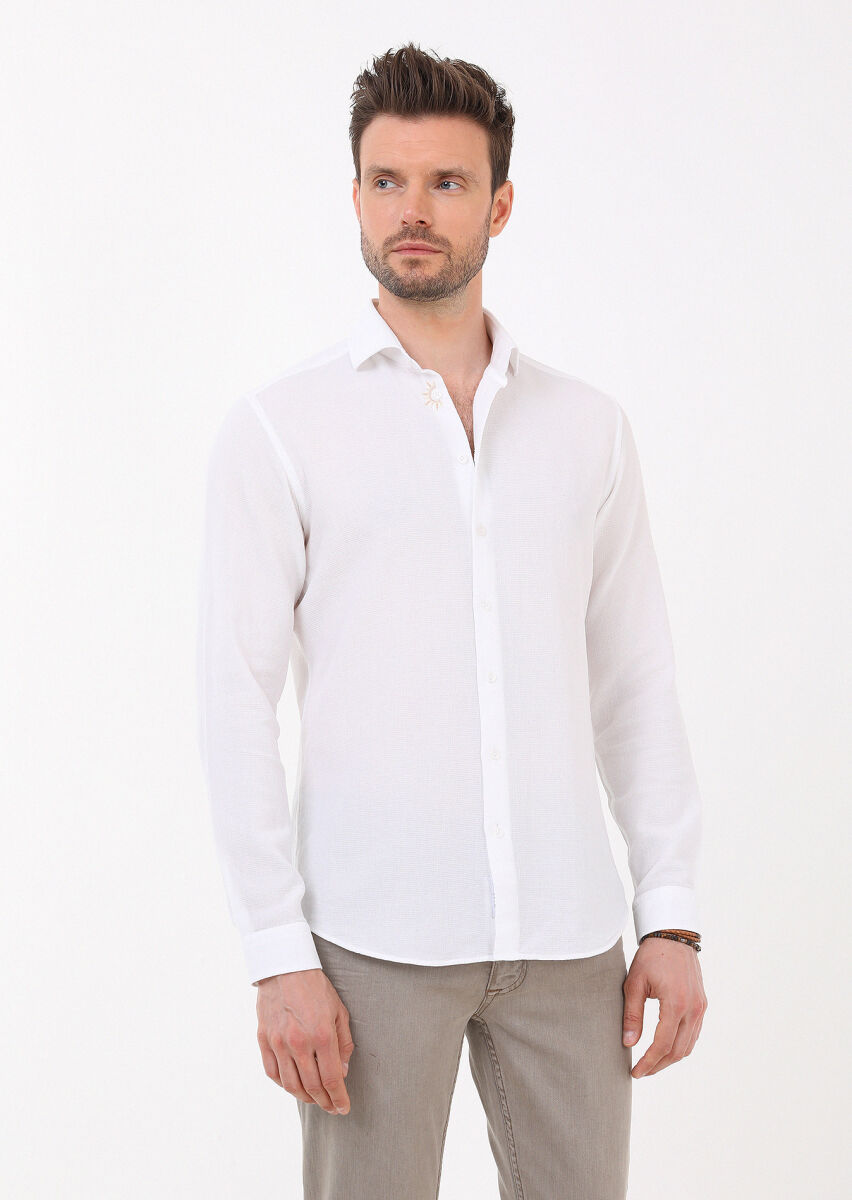 Beyaz Slim Fit Uzun Dokuma Casual %100 Pamuk Gömlek - 3