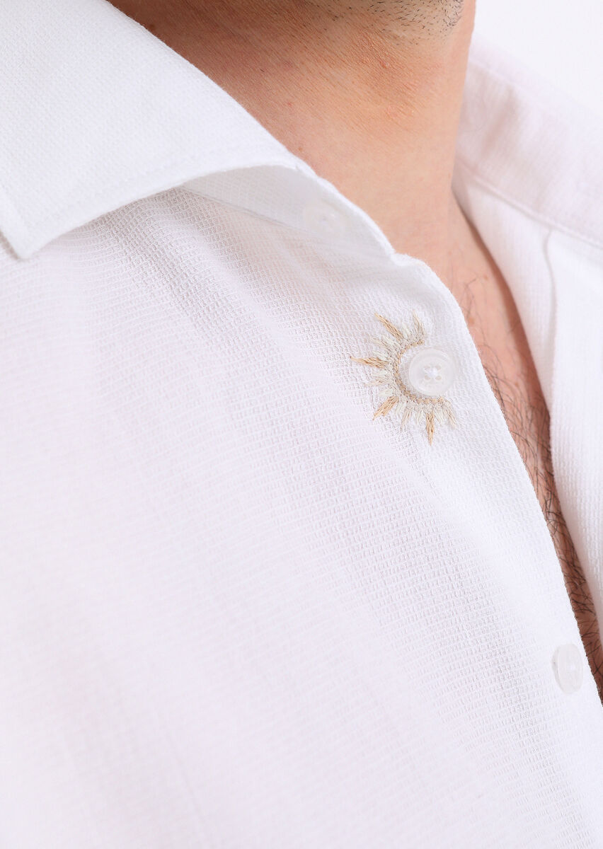 Beyaz Slim Fit Uzun Dokuma Casual %100 Pamuk Gömlek - 4