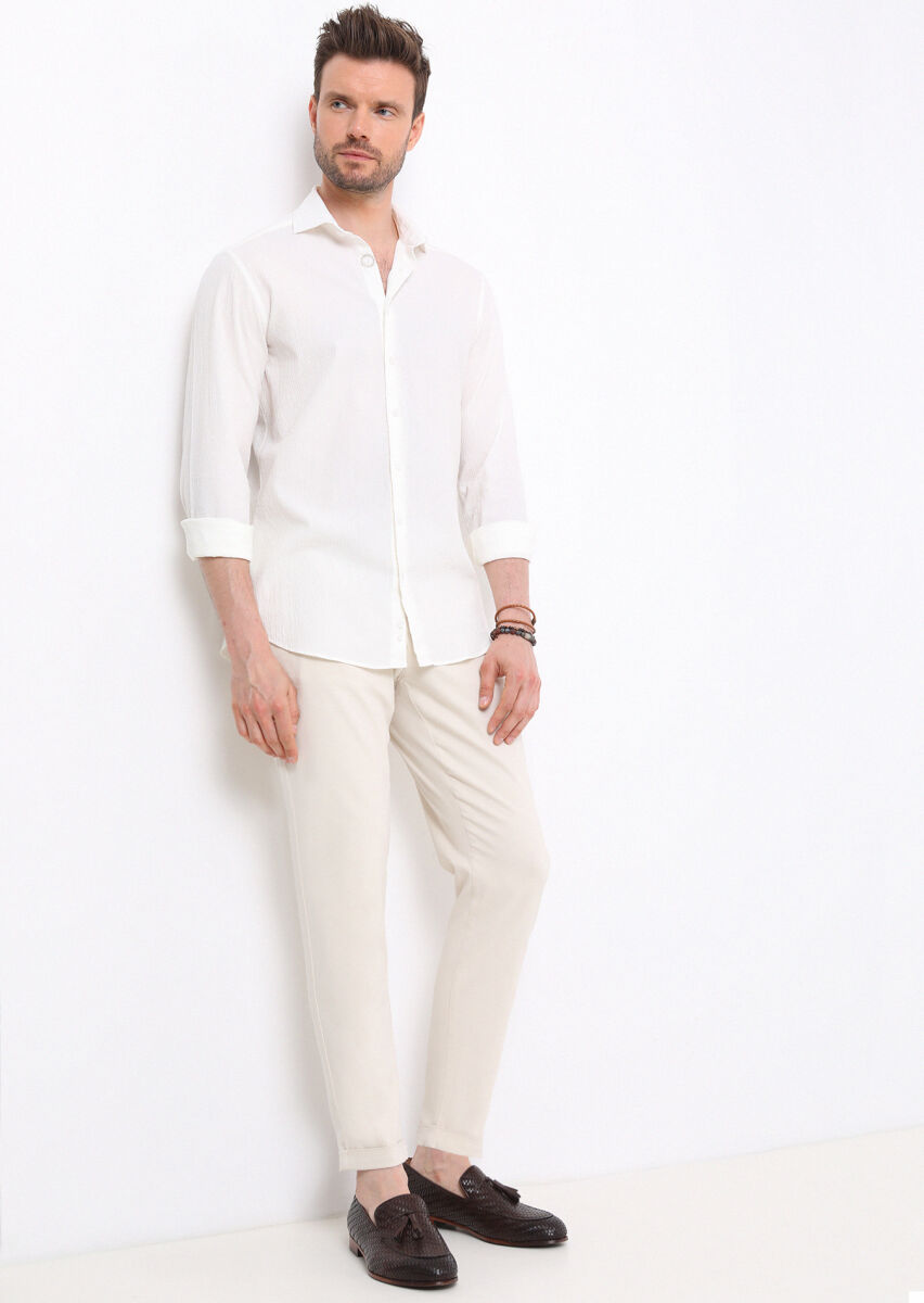 Beyaz Slim Fit Uzun Dokuma Casual Pamuk Karışımlı Gömlek - 2