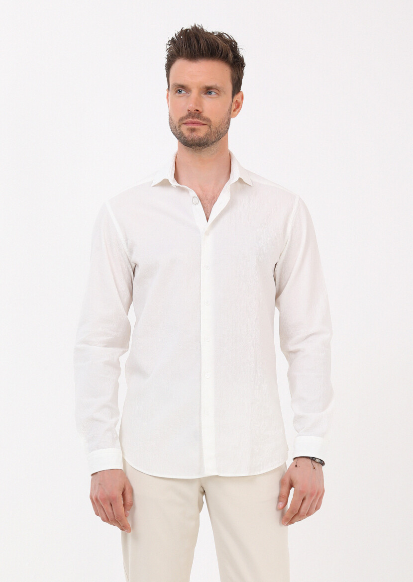Beyaz Slim Fit Uzun Dokuma Casual Pamuk Karışımlı Gömlek - 3