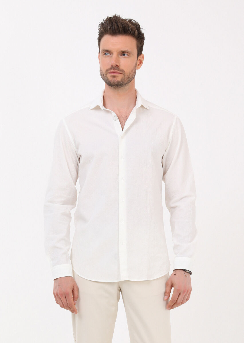Beyaz Slim Fit Uzun Dokuma Casual Pamuk Karışımlı Gömlek - 3