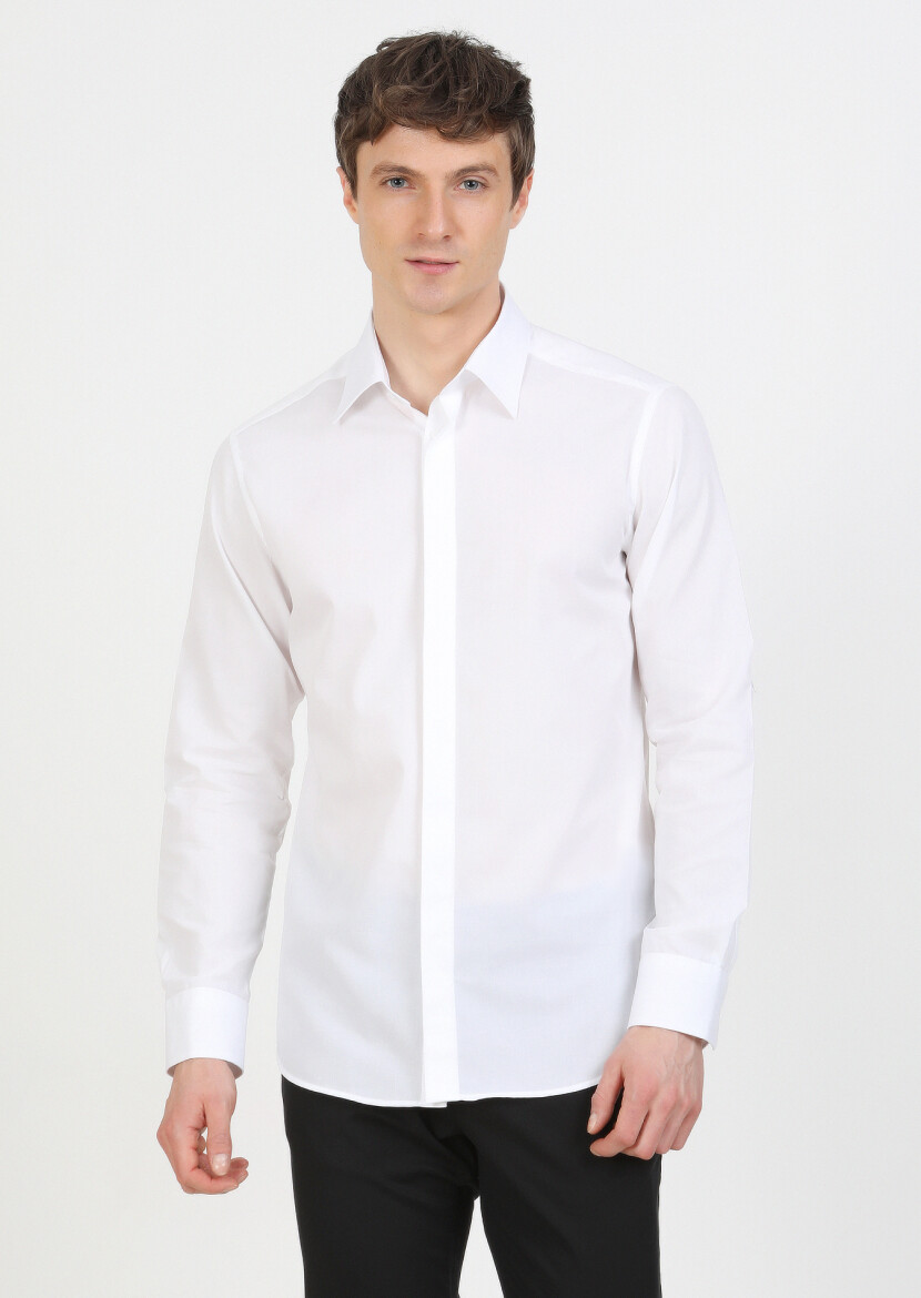 Beyaz Slim Fit Uzun Dokuma Klasik %100 Pamuk Gömlek - 1