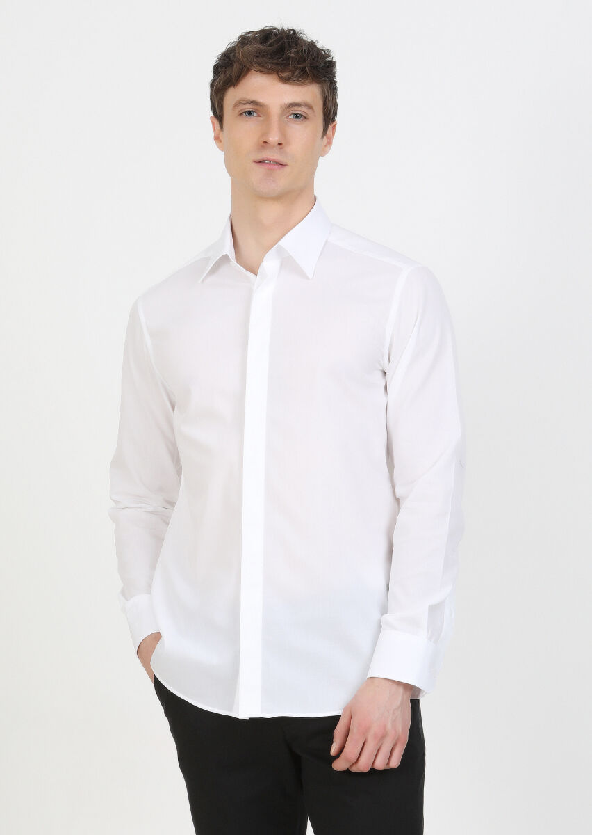 Beyaz Slim Fit Uzun Dokuma Klasik %100 Pamuk Gömlek - 2