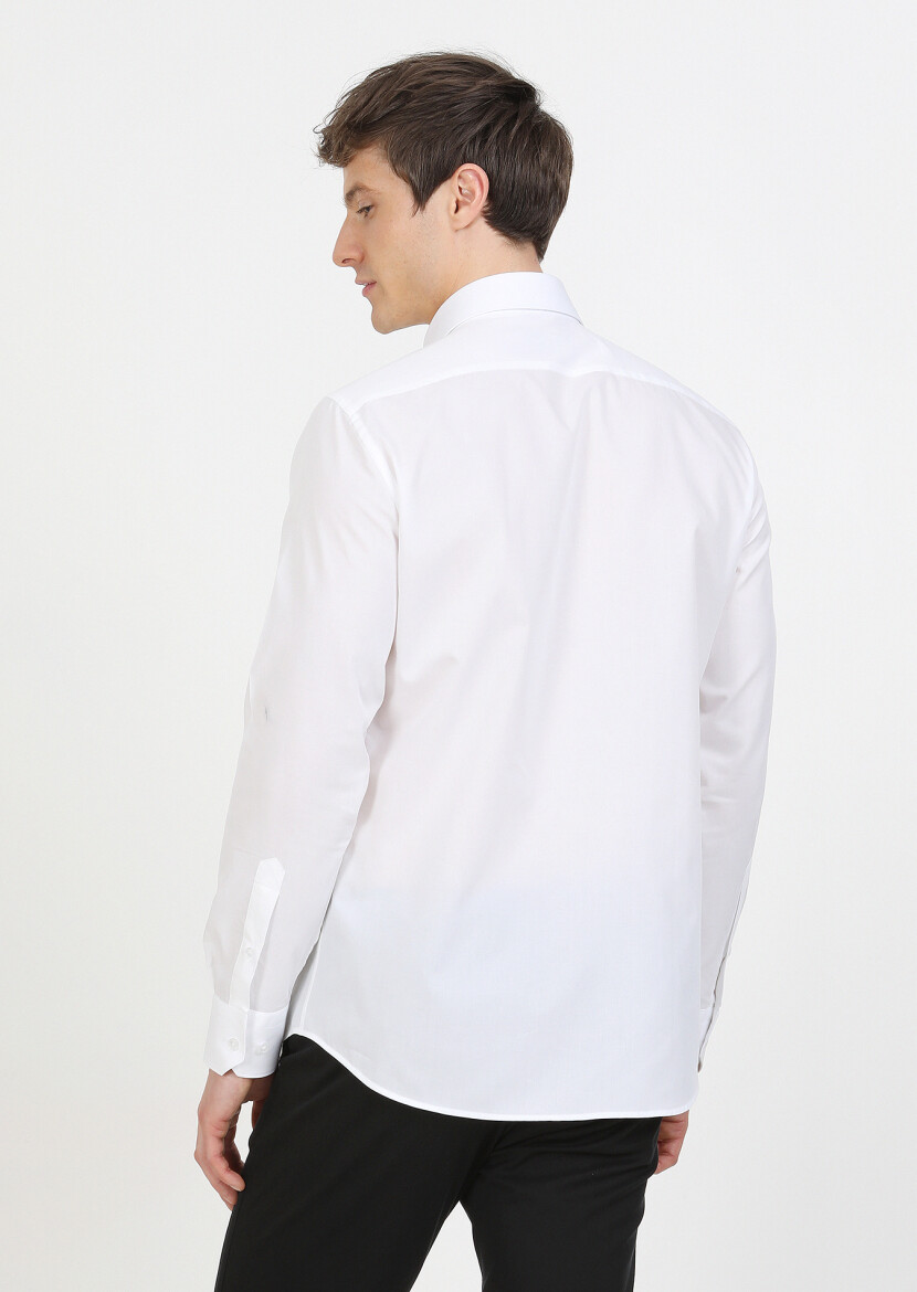 Beyaz Slim Fit Uzun Dokuma Klasik %100 Pamuk Gömlek - 5