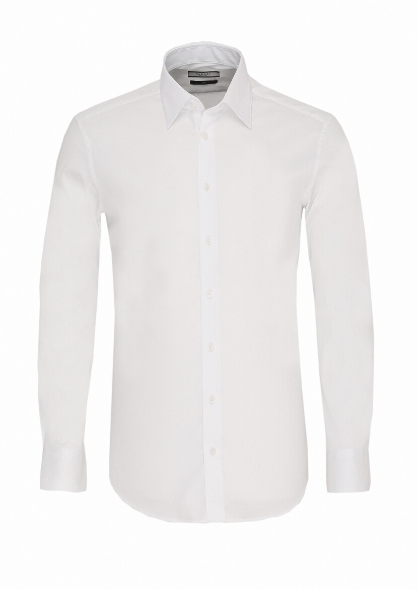 Beyaz Slim Fit Uzun Dokuma Klasik Pamuk Karışımlı Gömlek - 1