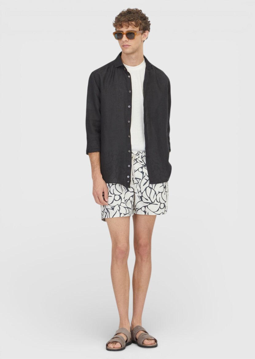 Black Casual Fit Long Weaving Casual 100% Linen Shirt - RAMSEY