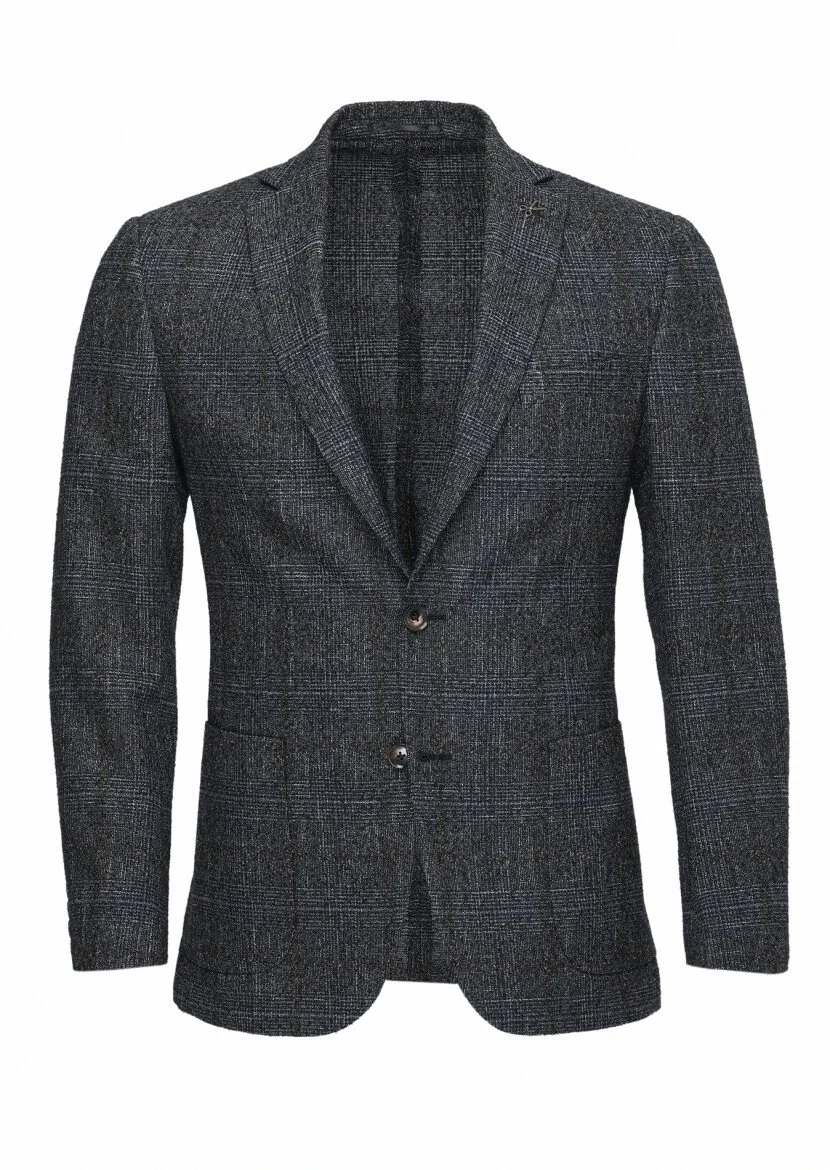 Black Checkered Wool Blended Jacket - 1