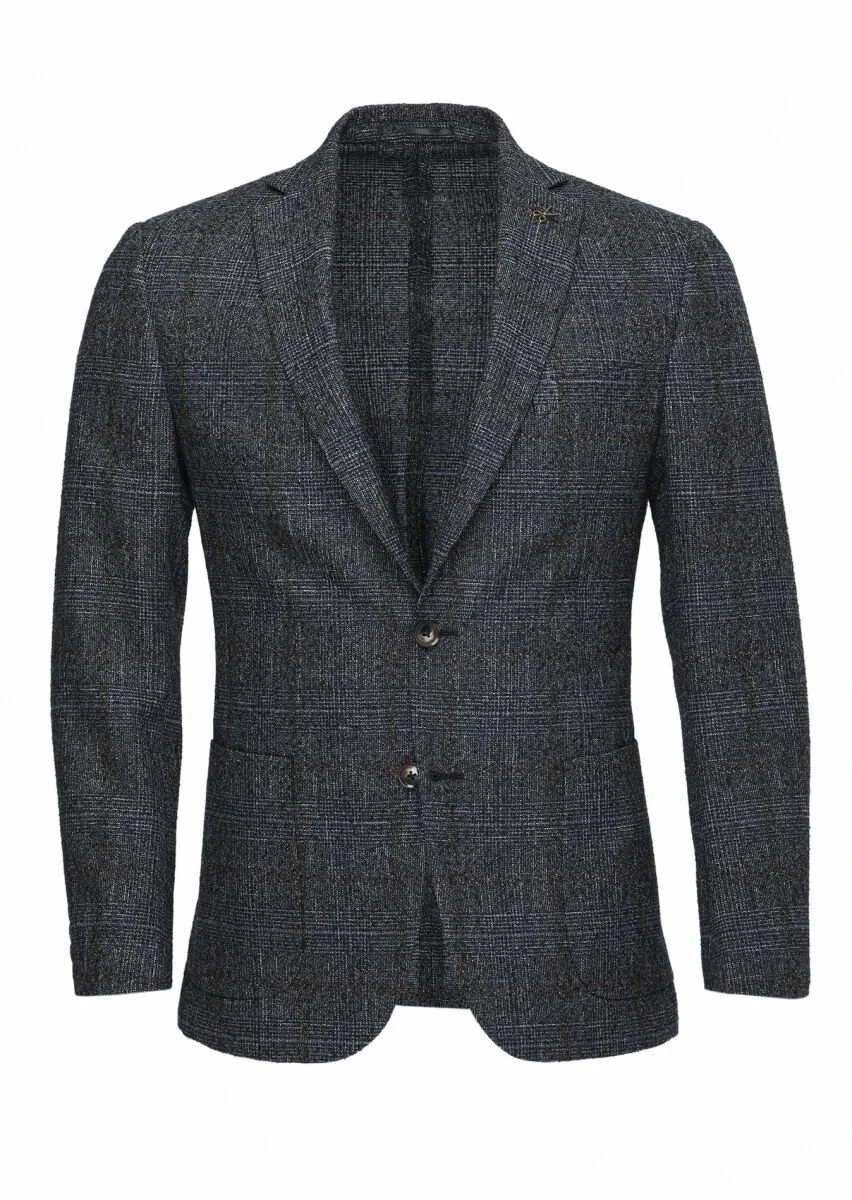 Black Checkered Wool Blended Jacket - 1
