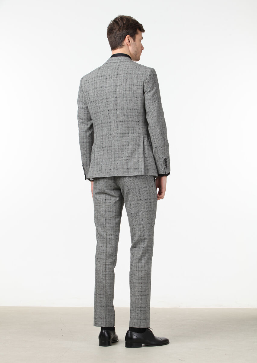 Black Checkered Zeroweight Slim Fit 100% Wool Suit - 3