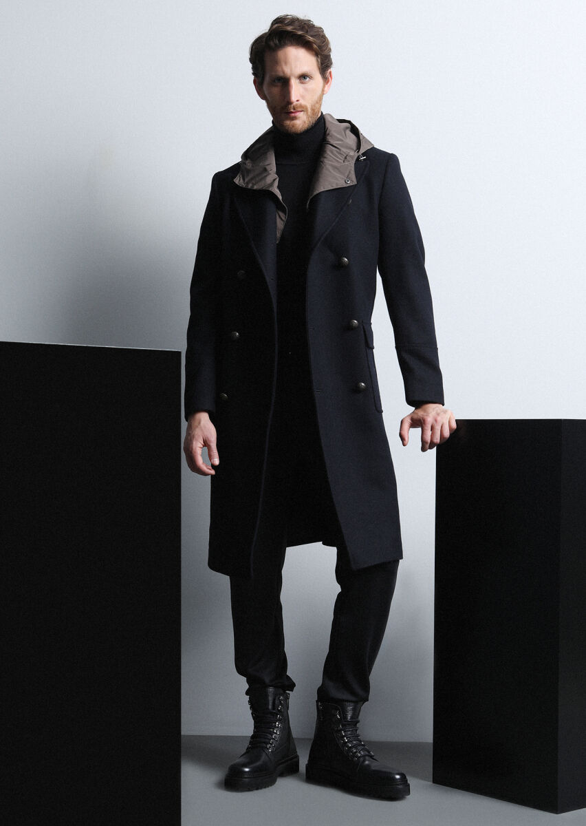 Black Double Breasted Collar Casual Weaving Overcoat - 1