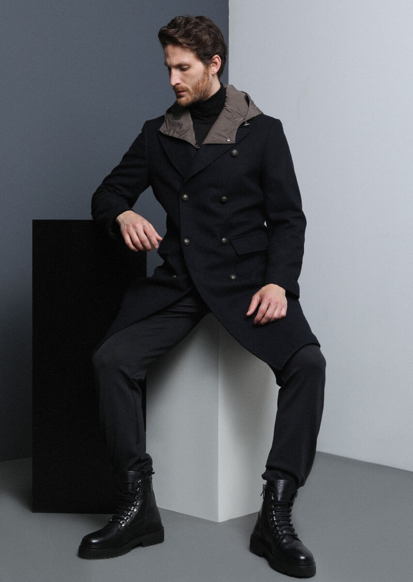 Black Double Breasted Collar Casual Weaving Overcoat - 2