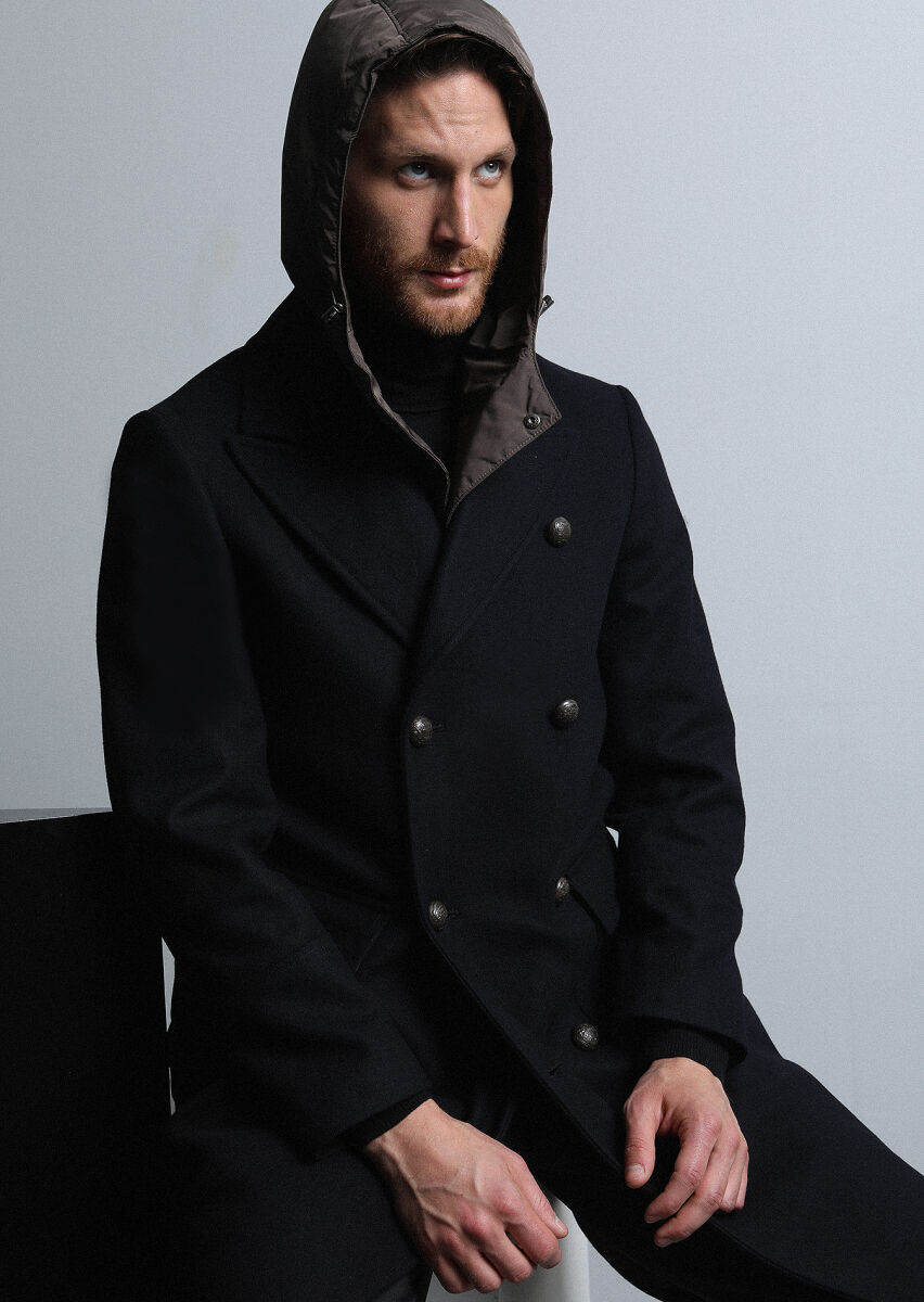 Black Double Breasted Collar Casual Weaving Overcoat - 3