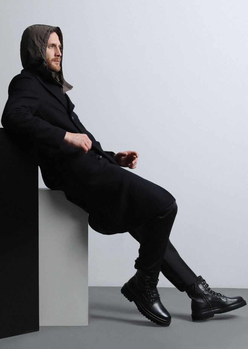 Black Double Breasted Collar Casual Weaving Overcoat - 4