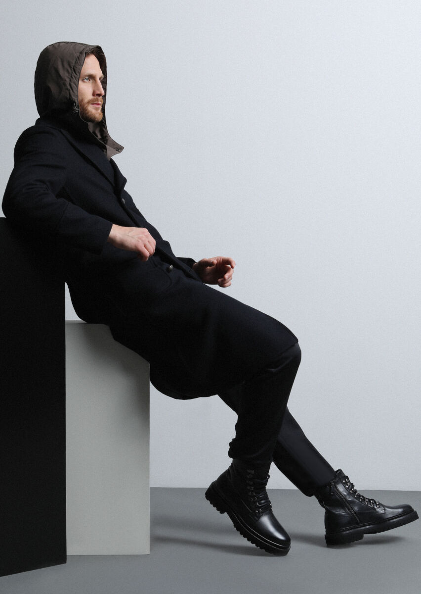 Black Double Breasted Collar Casual Weaving Overcoat - 4