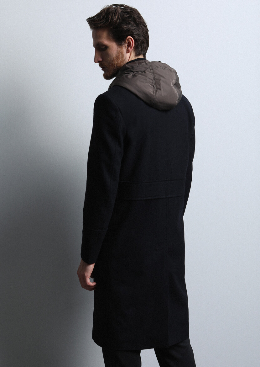 Black Double Breasted Collar Casual Weaving Overcoat - 5
