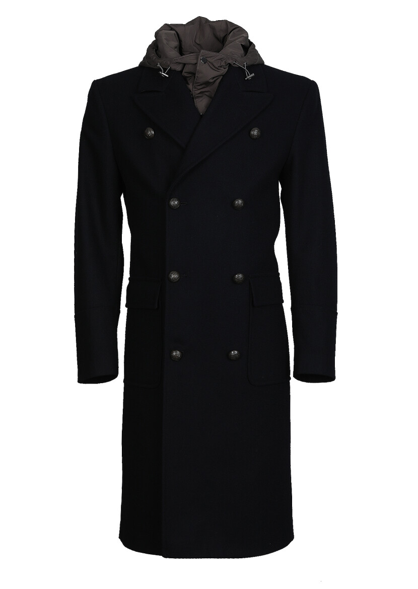 Black Double Breasted Collar Casual Weaving Overcoat - 6