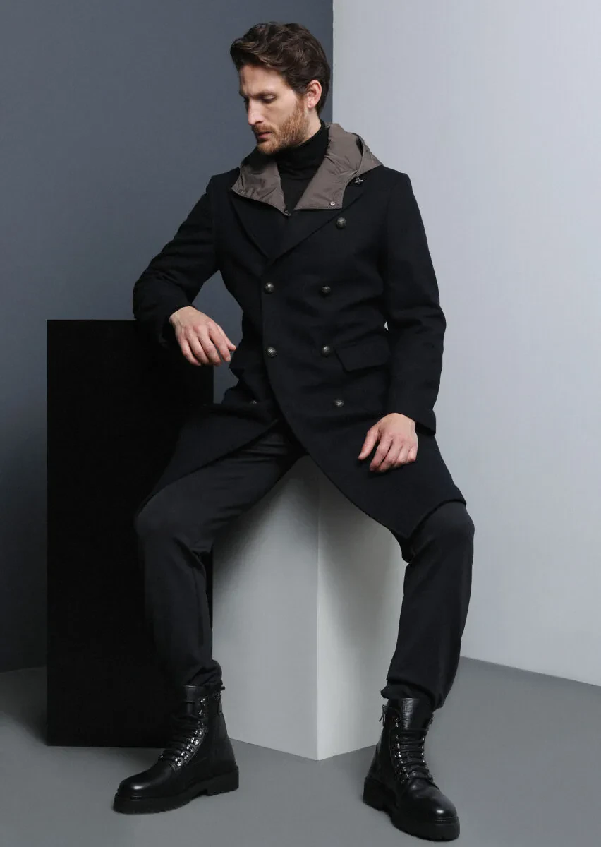 Black Double Breasted Collar Casual Weaving Overcoat - 2