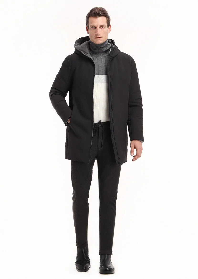 Black Double Sided Puffer Weaving Coat - 1
