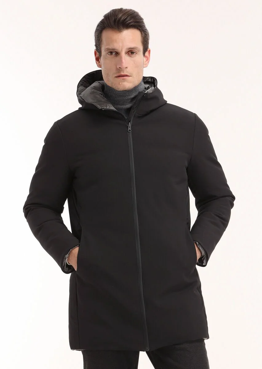 Black Double Sided Puffer Weaving Coat - 2
